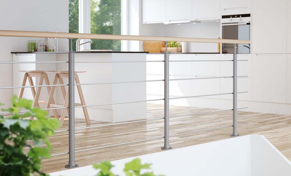 Balustrade in kitchen with wooden handrail