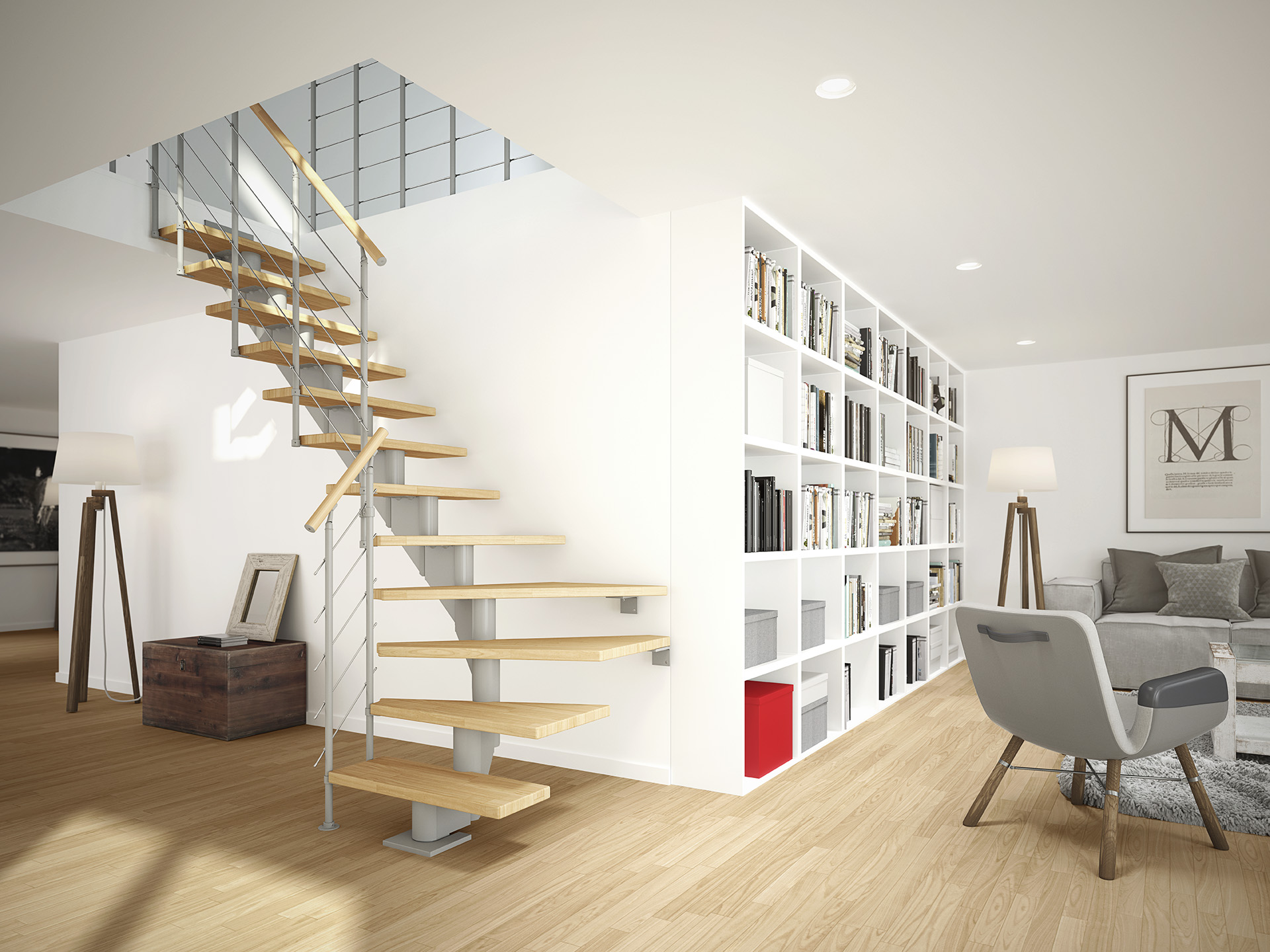 Grey space-saving staircase and landing banister for upstairs