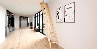 wooden loft stair in spruce with handrail