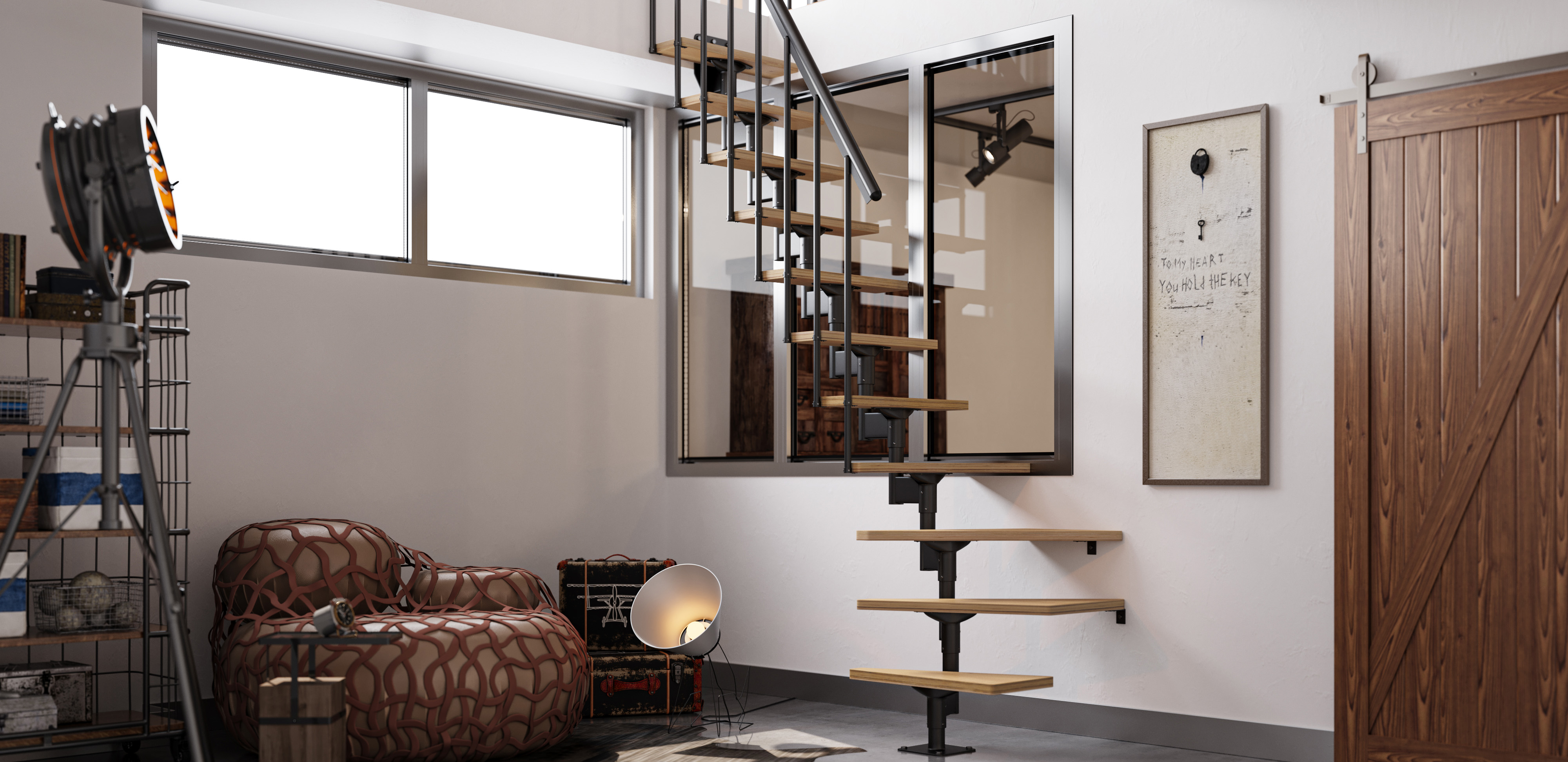 Space saving staircase DOLLE DALLAS in a photo studie with rustic Atmosphere