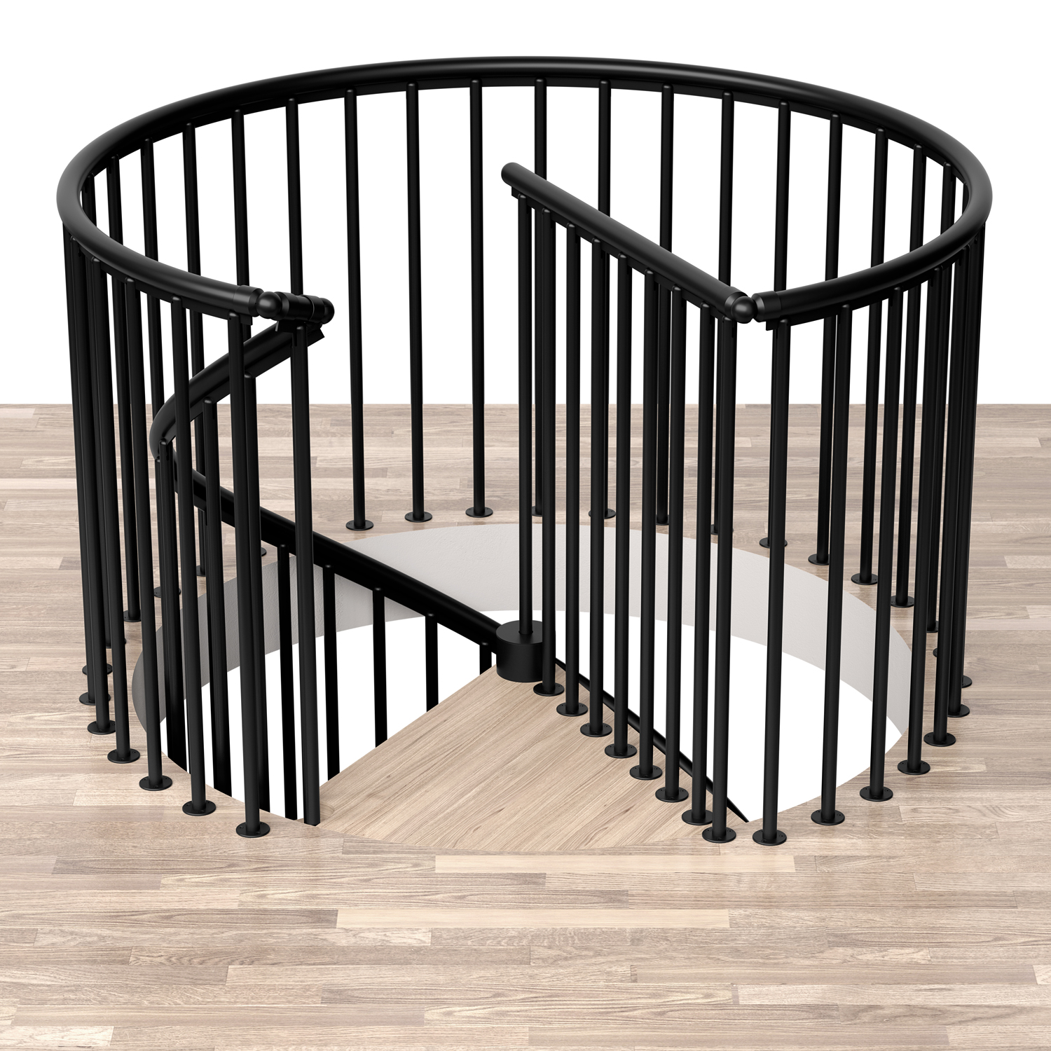 Black round landing banister for spiral staircase