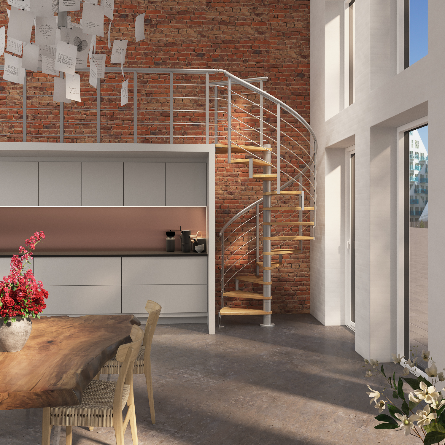 Spiral staircase MONTREAL in a kitchen with landing banister 