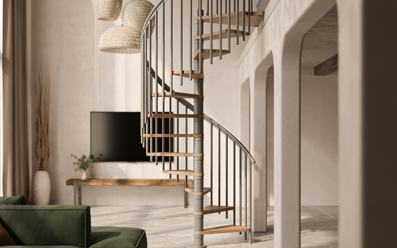 Grey DOLLE spiral staircase in living room