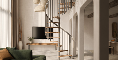 Grey Spiral staircase as a beautiful sculpture in living room