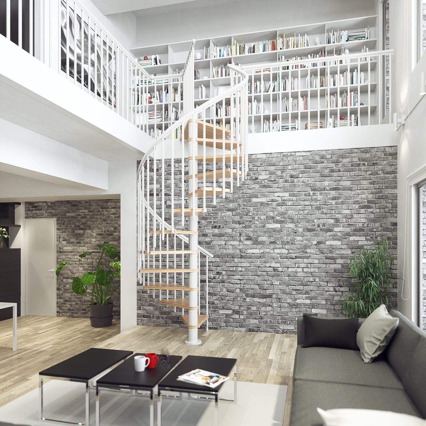 White landing banister at stairway with spiral staircase