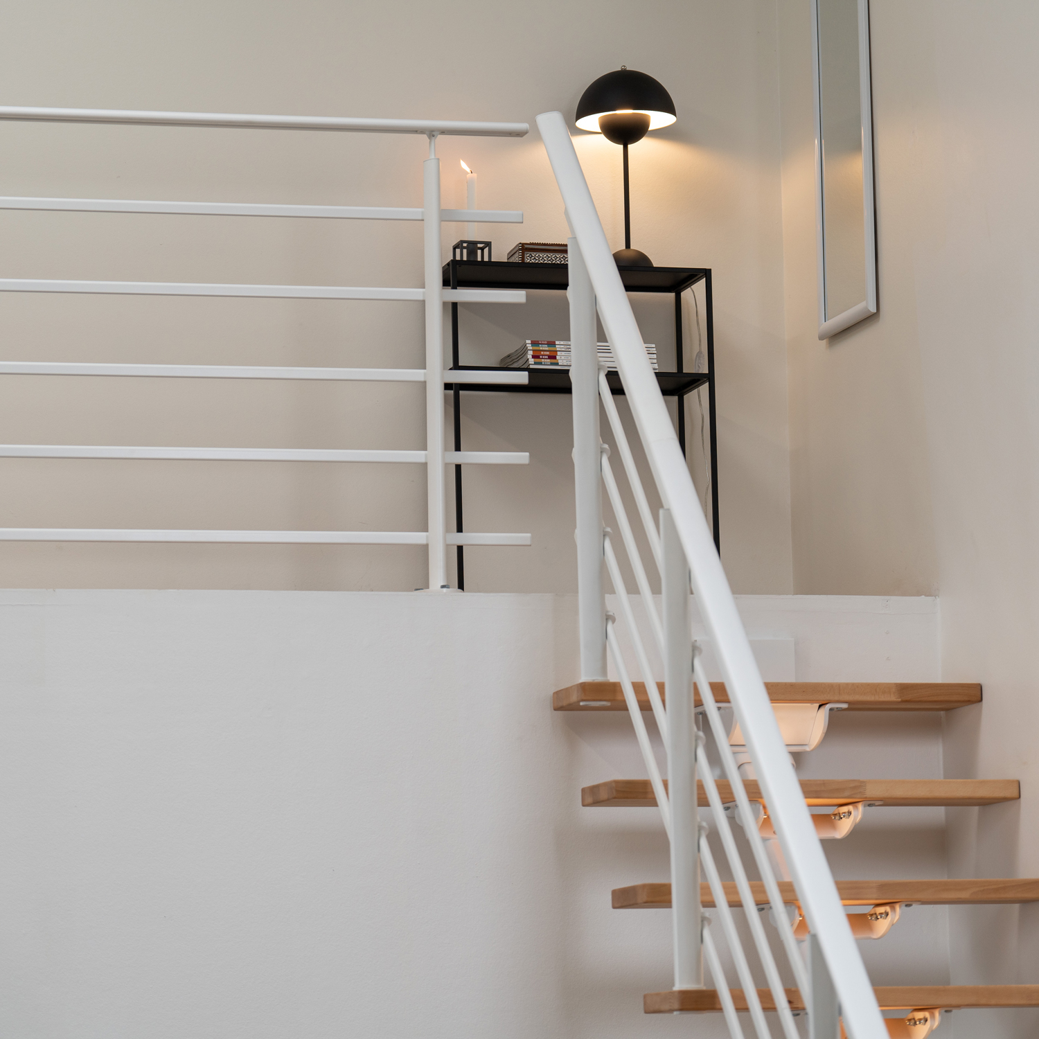 White Staircase upper part of stairway with matching landing banister 