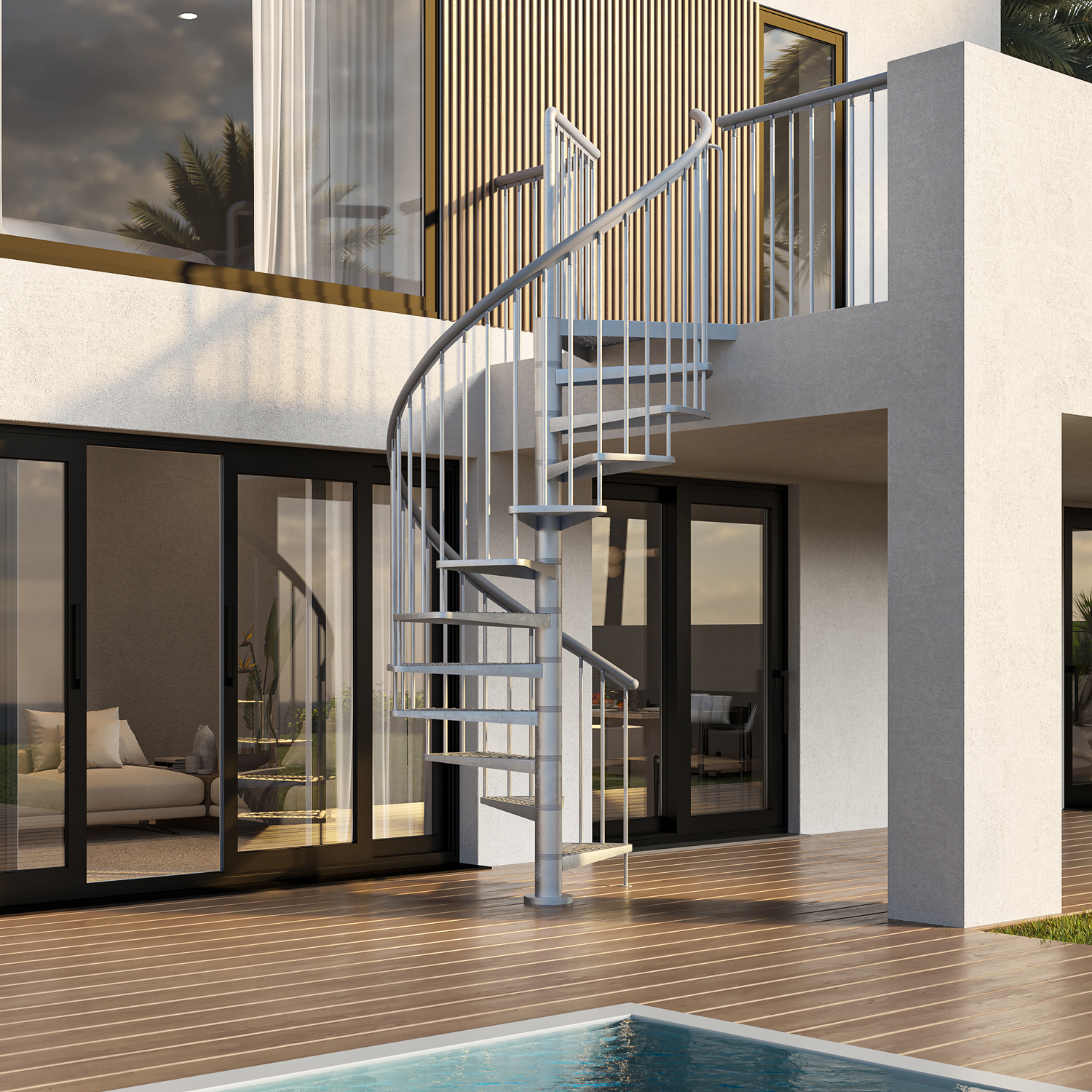 Outdoor spiral staircase in galvanized steel by pool