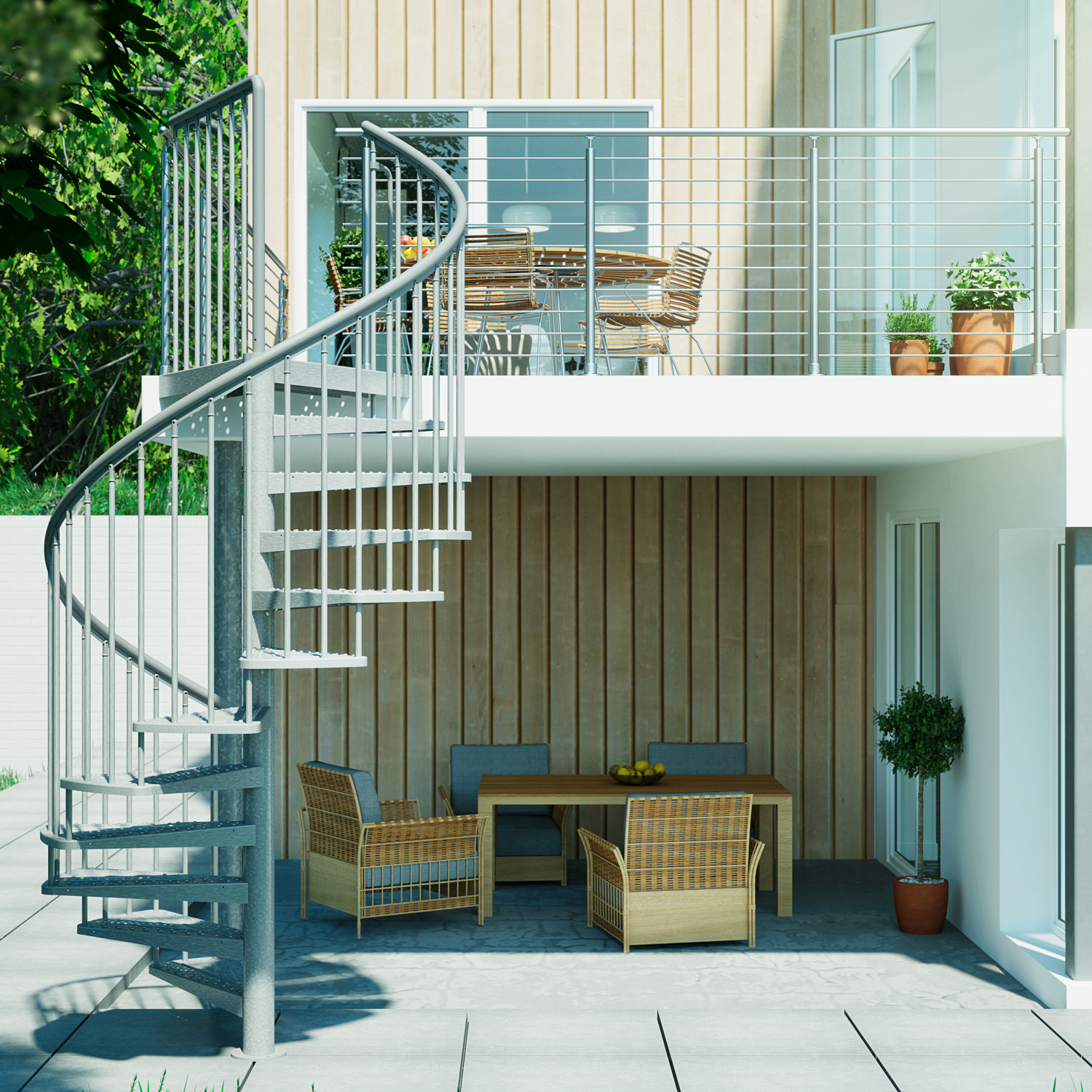 Outdoor spiral staircase in galvanized steel with landing banister